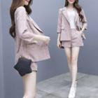 Set: Checked Double-breasted 3/4-sleeve Blazer + High-waist Shorts