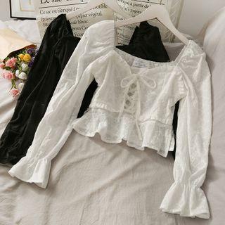 Ruffled-trim Lace-up Crop Top