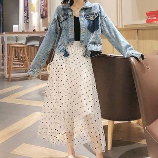 Set: Distressed Denim Jacket + Knit Sleeveless Top + Dotted Maxi Skirt
