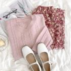 Long-sleeve Plain Cable Knit Sweater / High-waist  Floral Printed Midi Skirt