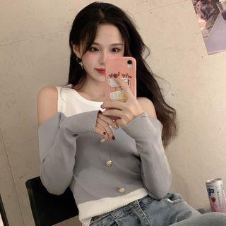 Mock Two-piece Contrast Long-sleeve Cutout Top