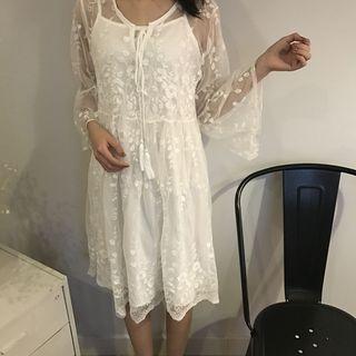 Set: 3/4-sleeve Sheer A-line Dress + Slipdress
