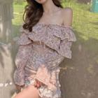 Long-sleeve Off-shoulder Floral Print Frill Trim Crop Top / Mini A-line Skirt