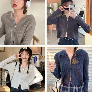 Plain Slim-fit Hooded Cardigan