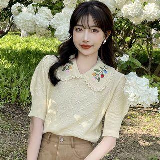 Flower Embroidered Peter Pan-collar Knit Top