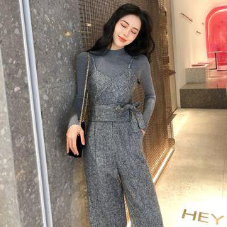 Plain Mock-neck Long-sleeve Slim-fit Top / Sleeveless Jumpsuit