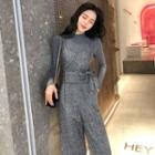 Plain Mock-neck Long-sleeve Slim-fit Top / Sleeveless Jumpsuit