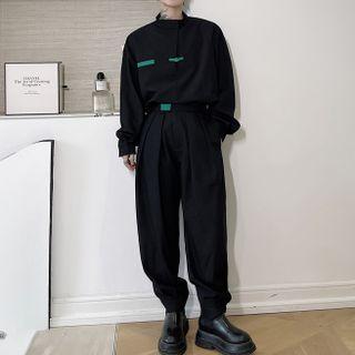 Set: Buckled Stand Collar Shirt + Wide Leg Pants