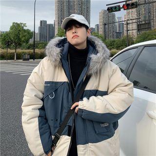 Lettering Fluffy Trim Hooded Padded Jacket