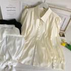 Ribbon-back Puff-sleeve Slited Blouse