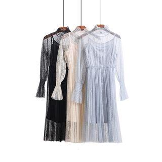 Mock-neck Mesh A-line Dress With Slipdress