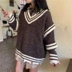 Contrast Trim Knit Sweater As Shown In Figure - One Size