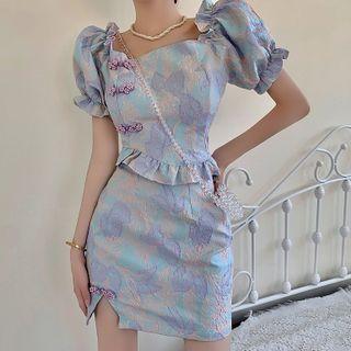 Puff-sleeve Print Top / Mini Pencil Skirt