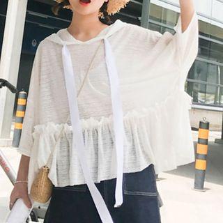 Plain Ruffle Hem 3/4 Sleeve Hoodie