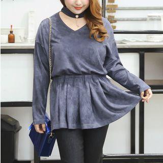 Long-sleeve V-neck Ruffle Hem Top