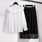 Puff-sleeve Lace Ruffled Blouse / Midi A-line Skirt / Set
