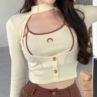 Set: Long-sleeve Mock-neck Cutout Crop Top + Camisole Top