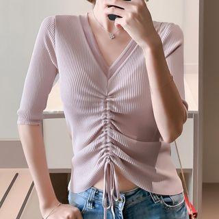 Ruched Front Elbow-sleeve Knit Top