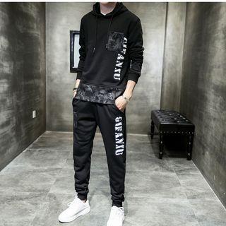 Set: Lettering Camouflage Panel Hoodie + Sweatpants