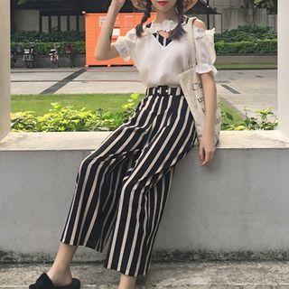 Set: Cut Out Shoulder Short Sleeve Chiffon Top + Striped Wide Leg Pants