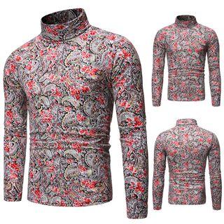 Mock-turtleneck Long-sleeve Paisley Print T-shirt