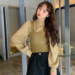 Houndstooth Puff-sleeve Blouse / Knit Camisole Top