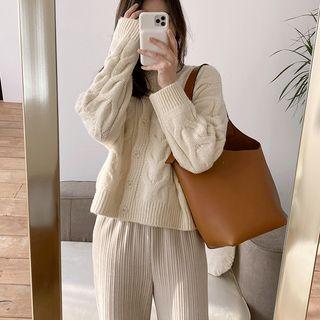 Round-neck Cable-knit Cardigan Ivory - One Size