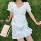 Puff-sleeve Frill Trim Lace-up Mini A-line Dress