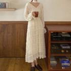 V-neck Bell-sleeve Midi A-line Crinkle Dress