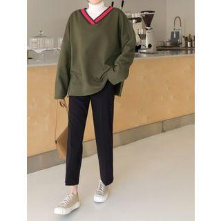 V-neck Piped Drop-shoulder Pullover