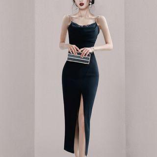 Spaghetti Strap Front-slit Midi Sheath Dress