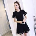 Embroidered Short-sleeve Mini A-line Dress Black - One Size