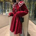 Glitter Lace Trim Collared Long-sleeve A-line Mini Dress