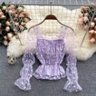 Square-neck Mesh Flower Print Long-sleeve Top
