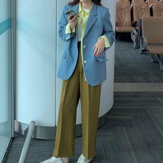 Plaid Single-breasted Blazer Gingham - Blue - One Size