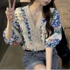 Puff-sleeve Floral Lace Trim Blouse Dark Blue & Green Pattern - White - One Size