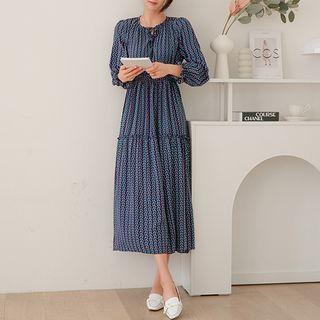 Tie-neck Frilled Maxi Patterned Dress