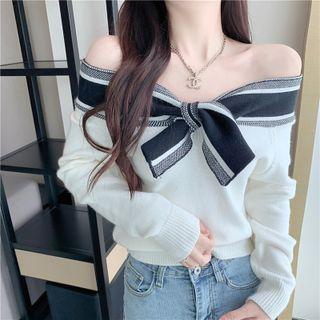 Bow Cold Shoulder Sweater White - One Size