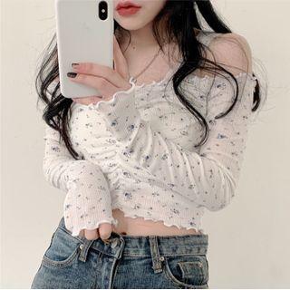 Ruched Off-shoulder Floral Print Blouse White - One Size
