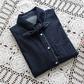 Long-sleeve Bow-neck Denim Shirt