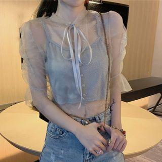 Set: Puff-sleeve Mesh Top + Camisole Top