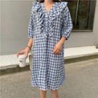 Checked Ruffle Trim Elbow-sleeve Dress Blue & White - One Size