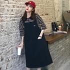 Striped Elbow-sleeve Knit Polo Shirt / Pinafore Dress