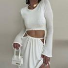 Set: Long Sleeve Ribbed-knit Crop Top + Mini Skirt