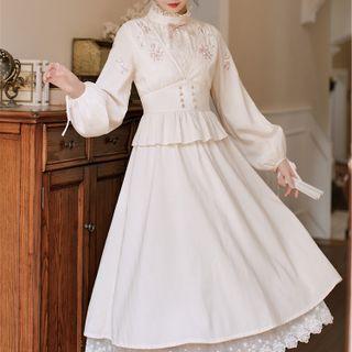 Balloon-sleeve Embroidered A-line Midi Dress
