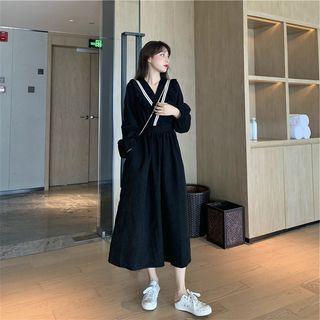 Puff-sleeve Stripe Trim Midi A-line Dress