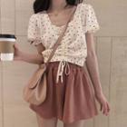 Short-sleeve Heart Patterned Cropped Top / Wide-leg Shorts