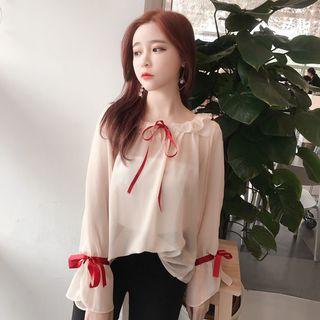 Bow Accent Long Sleeve Chiffon Top