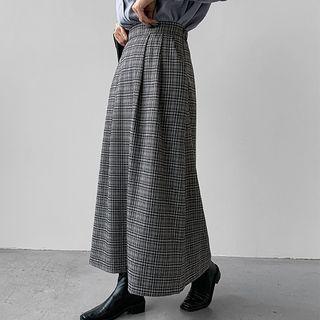 Pleated Plaid Maxi Flare Skirt
