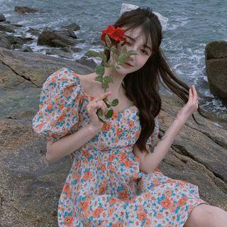 Puff-sleeve Floral Print A-line Dress Dress - Floral - Orange & White - One Size